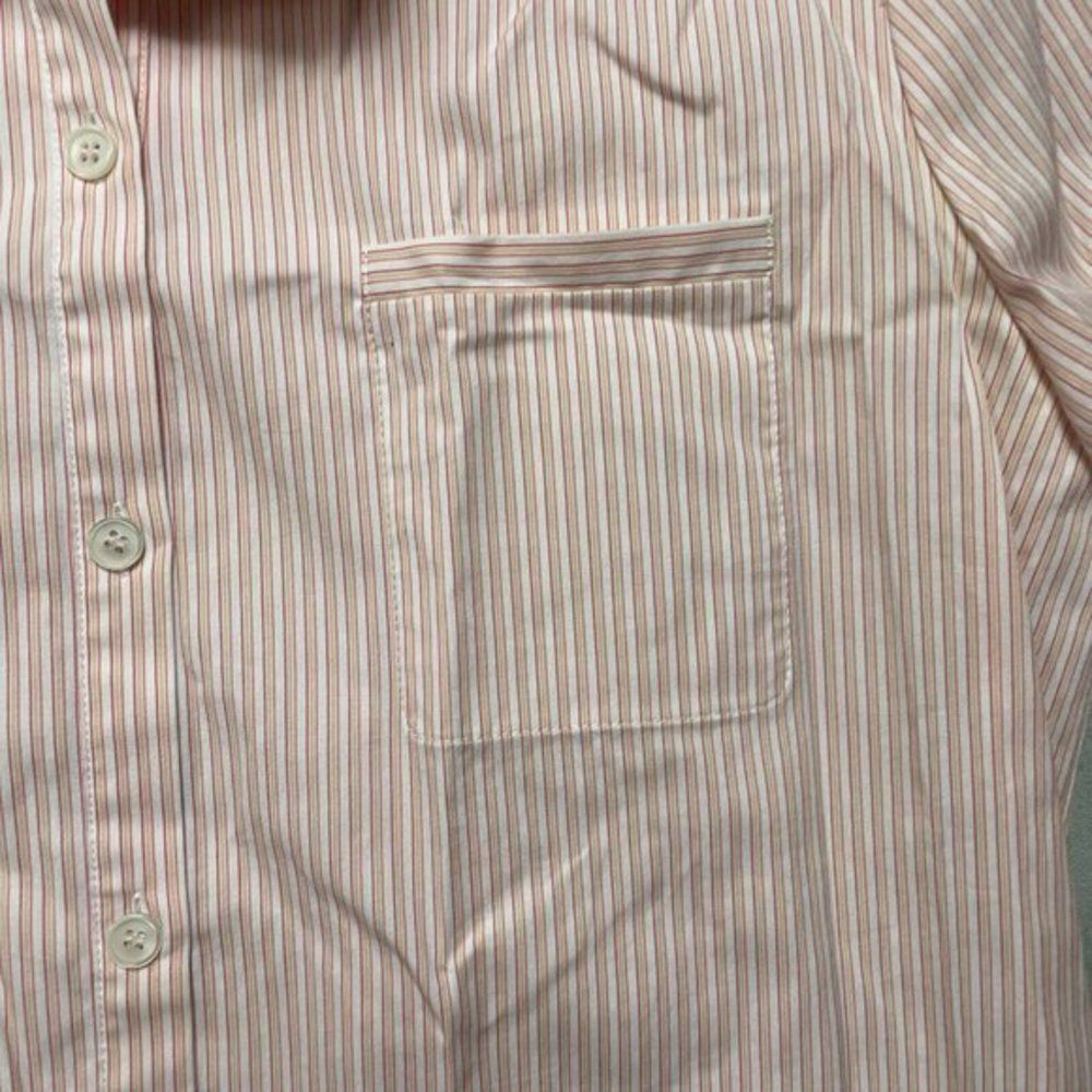 Lafayette 148 Orange White‎ Striped 3/4 Sleeve Button Front Stretch Shirt Sz S - Picture 3 of 7